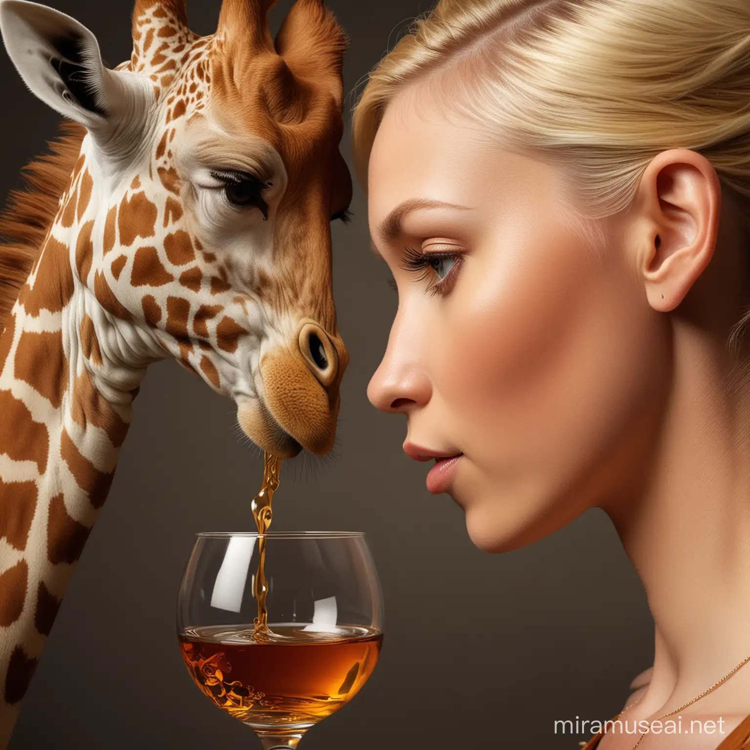 single malt scotch, whisky, 
 realistic, nosing glass, blonde woman with giraffe skin