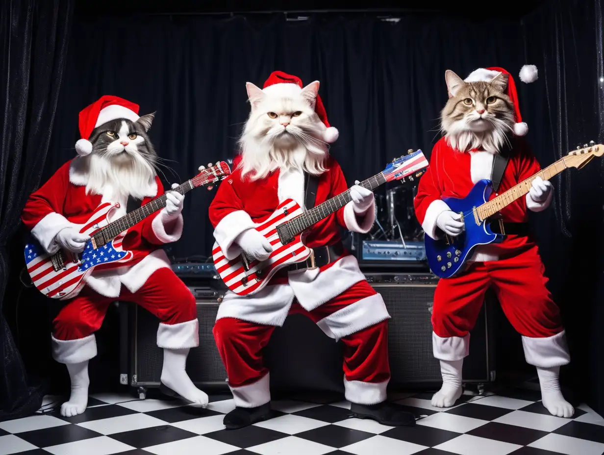 3 cats playing stars and stripes guitars wearing 
Santa Clau costumes on a night club stage