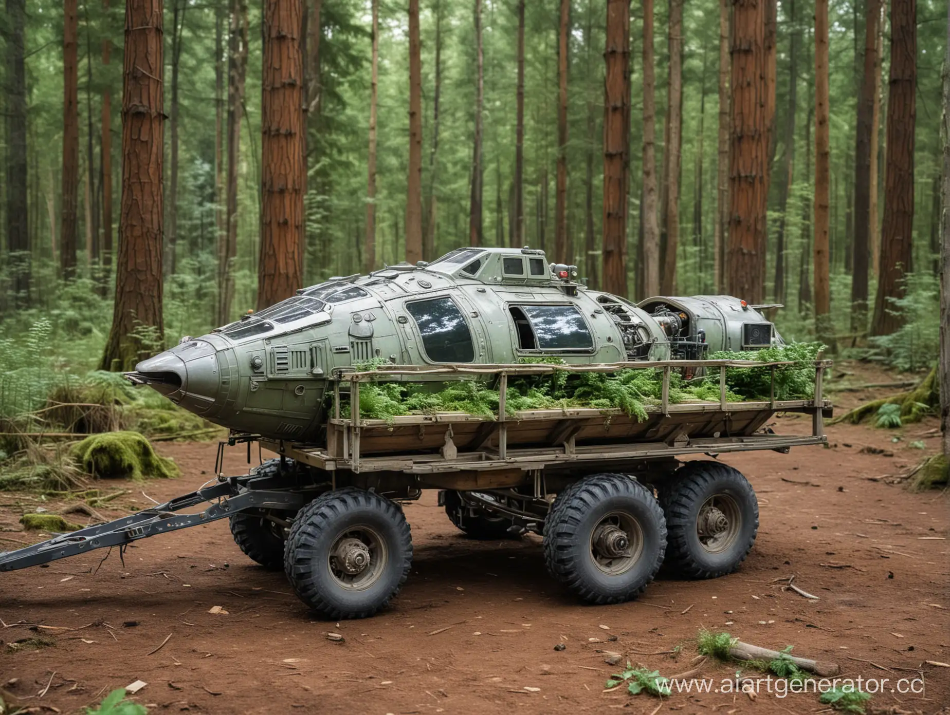 Spaceship-Parts-in-Wooden-Cart-Amidst-Green-Forest