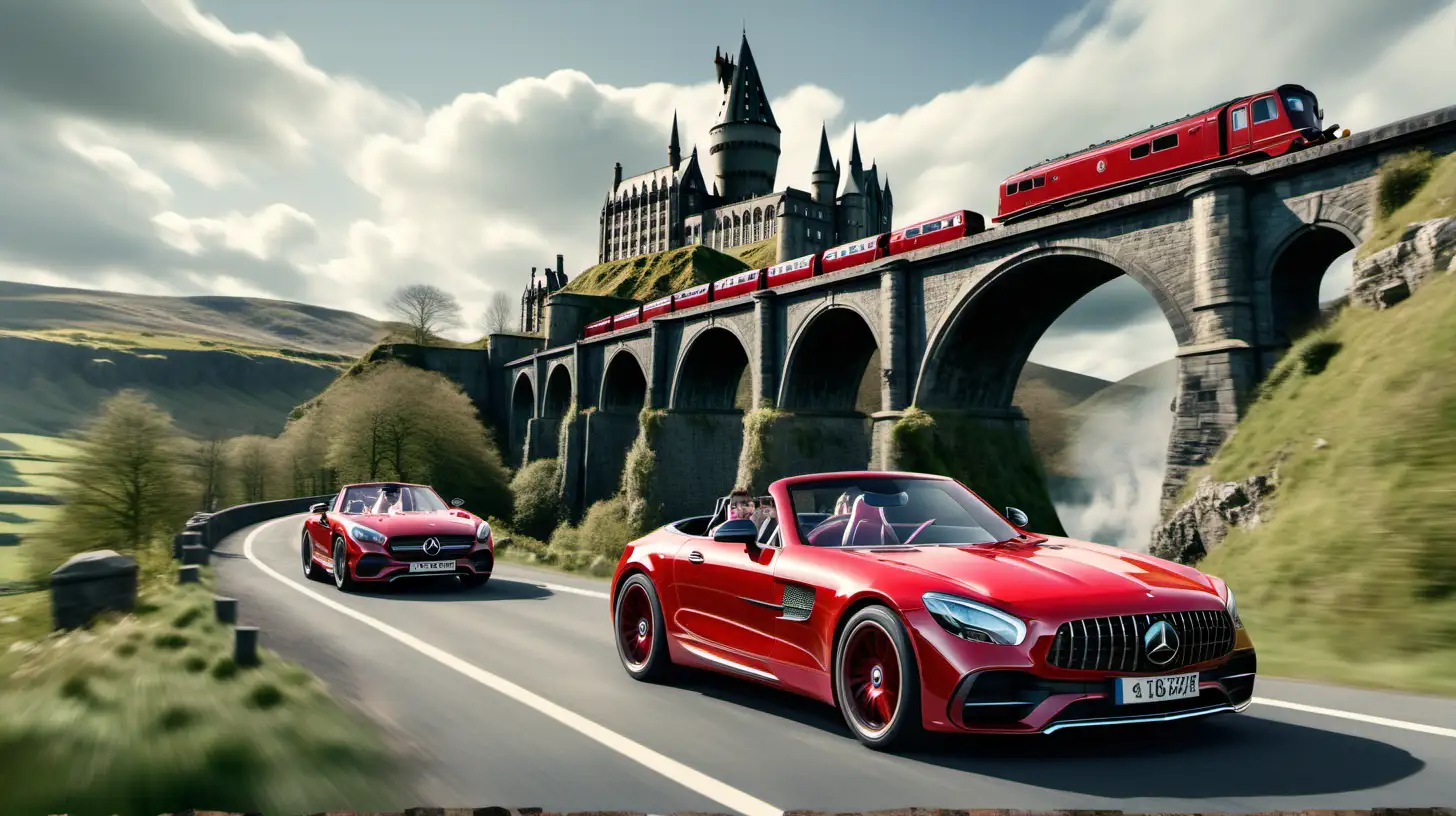 Erstelle ein Bild eines roten modernen Mercedes Cabrios , das von links nach rechts auf einer Landstraße fährt. Im Auto sitzen zwei ungen Männer in Hogwerts Anzug. Im Hintergrund sehen wir den Zug wie sieht aus wie Hogwarts Express über eine hohe steinerne Brücke in Schottland fahren