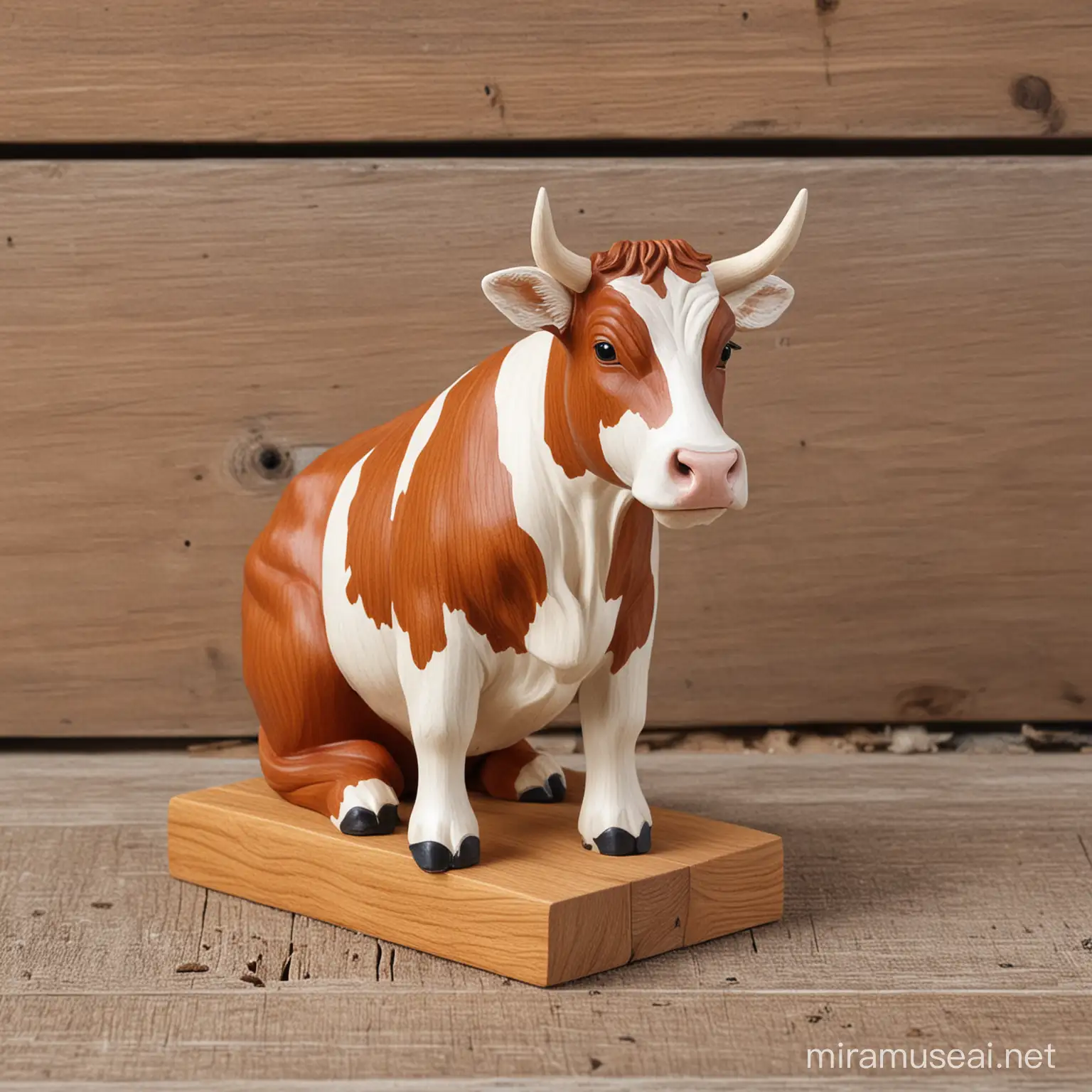 Rustic Wooden Cow Sculpture Sitting in Serene Ambiance