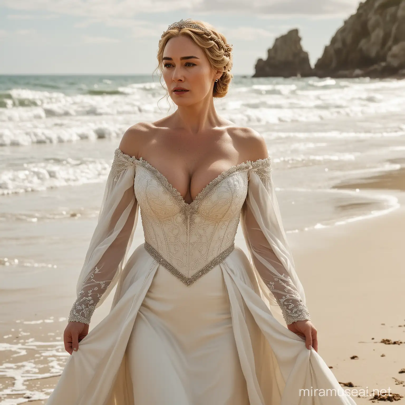 cersei lannister in a white wedding dress on the beach, bbw, giant breast, massive cleavage