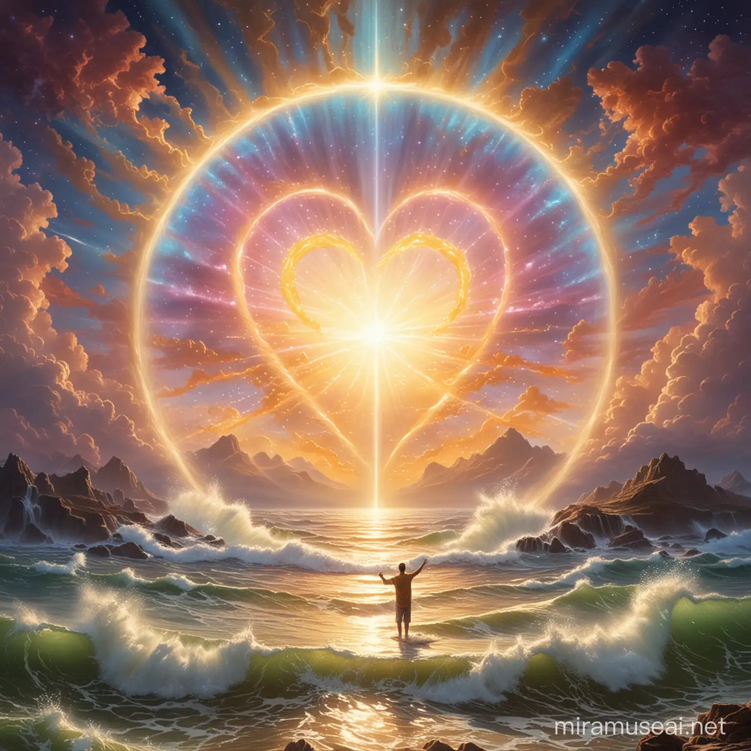 Image a picture of God sending out a stream of illuminated life giving Love from the center of his universal being permeating everything, the carrierwave of Life