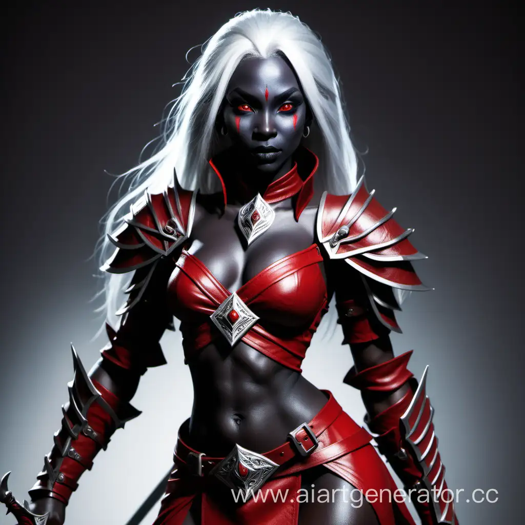 A Drow girl (dark gray skin, red eyes) in red leather armor and daggers