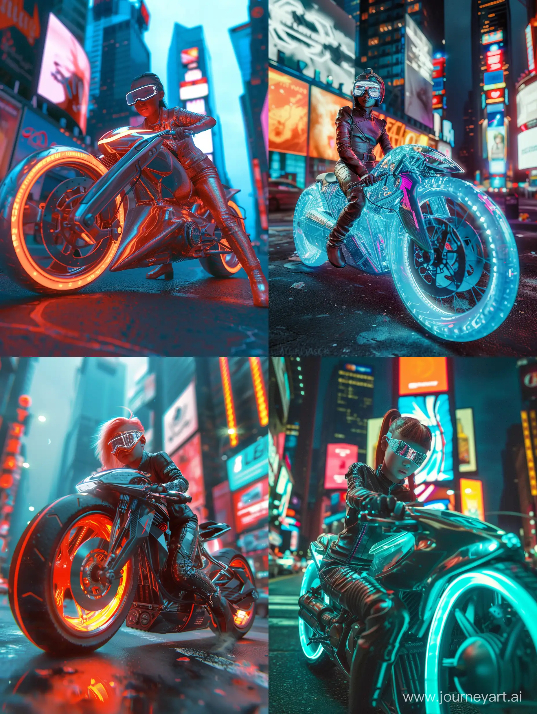 A high-definition photograph showcasing the cyberpunk subculture in all its vibrant glory. The central focus of the image is a young girl with a fiery personality, clad in a sleek leather outfit, straddling a powerful and futuristic motorcycle. The bike gleams under the neon lights of the city, while the girl confidently grips the handlebars, her eyes hidden behind reflective visor goggles. The composition highlights the urban environment, with towering skyscrapers and billboards casting an eerie glow. The image emanates a sense of excitement and edginess, with a shallow depth of field and a wide aperture lens that creates a captivating bokeh effect. (Style: Photography, Lens: Wide Aperture, ISO: N/A) --v 6.0