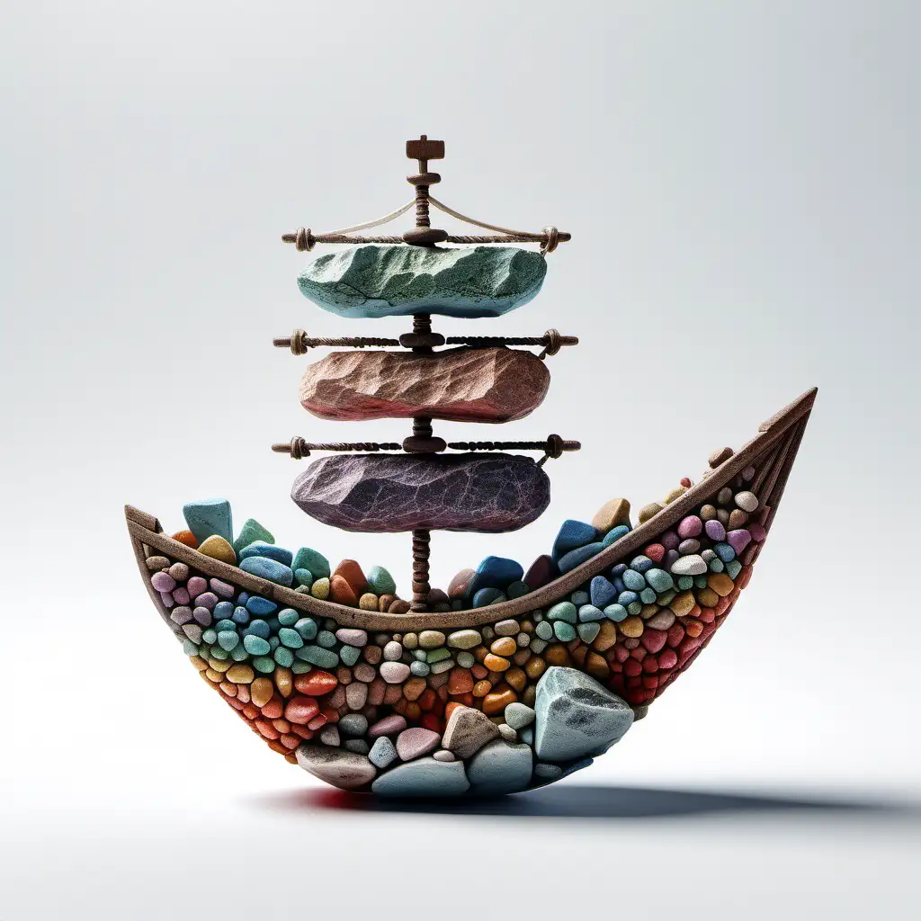 Vibrant Ship Sculpture Colorful Rocks Crafted into a Ship on White Background