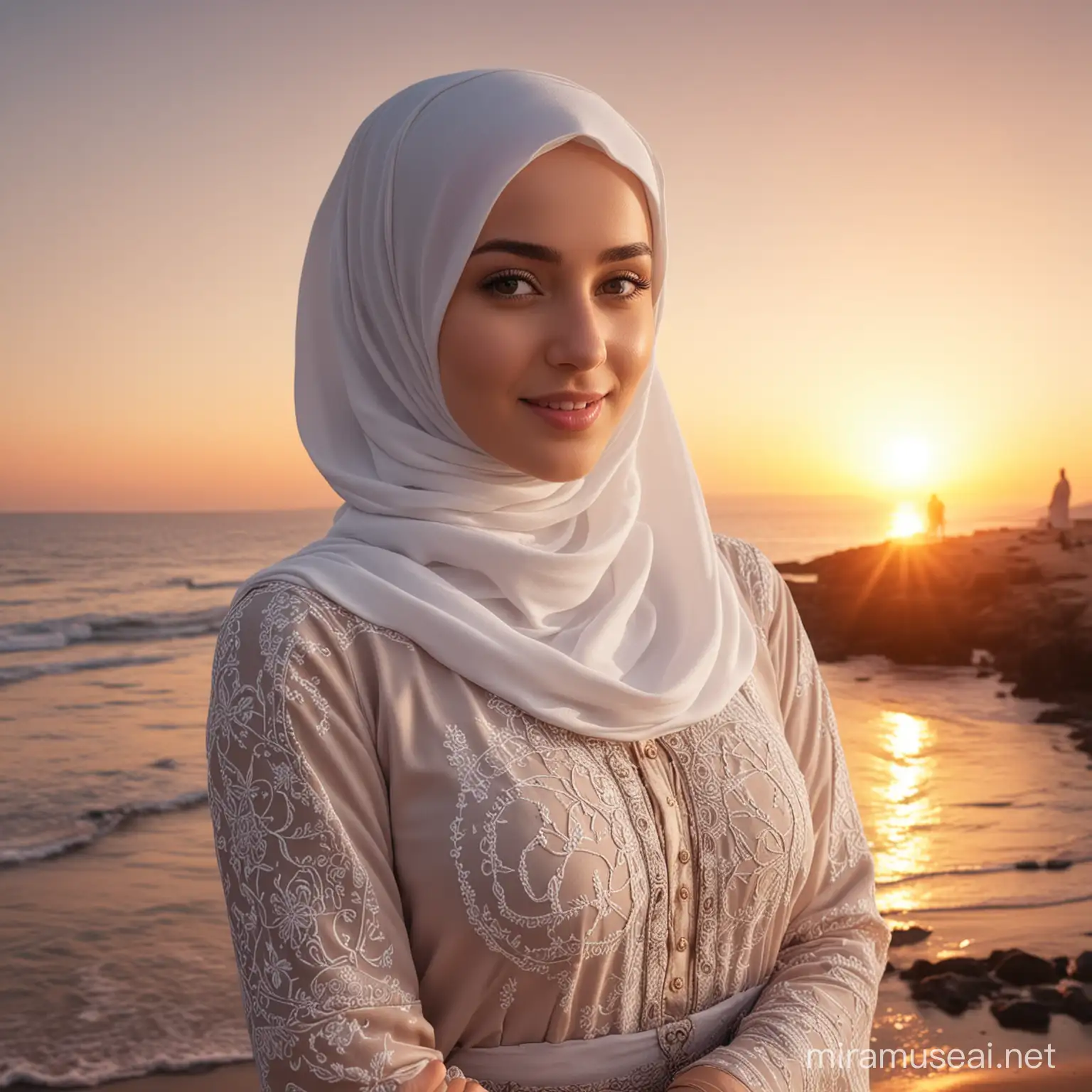 high quality, 8K Ultra HD,a young beautiful lady with a long islamic dress, pale skin , warm smile, beatuiful face ,wearing hijab , sunset coast should serve as the underlying backdrop, with its details incorporated into the goddess , crisp lines, The background is monochrome, sharp focus, double exposure, awesome full color.