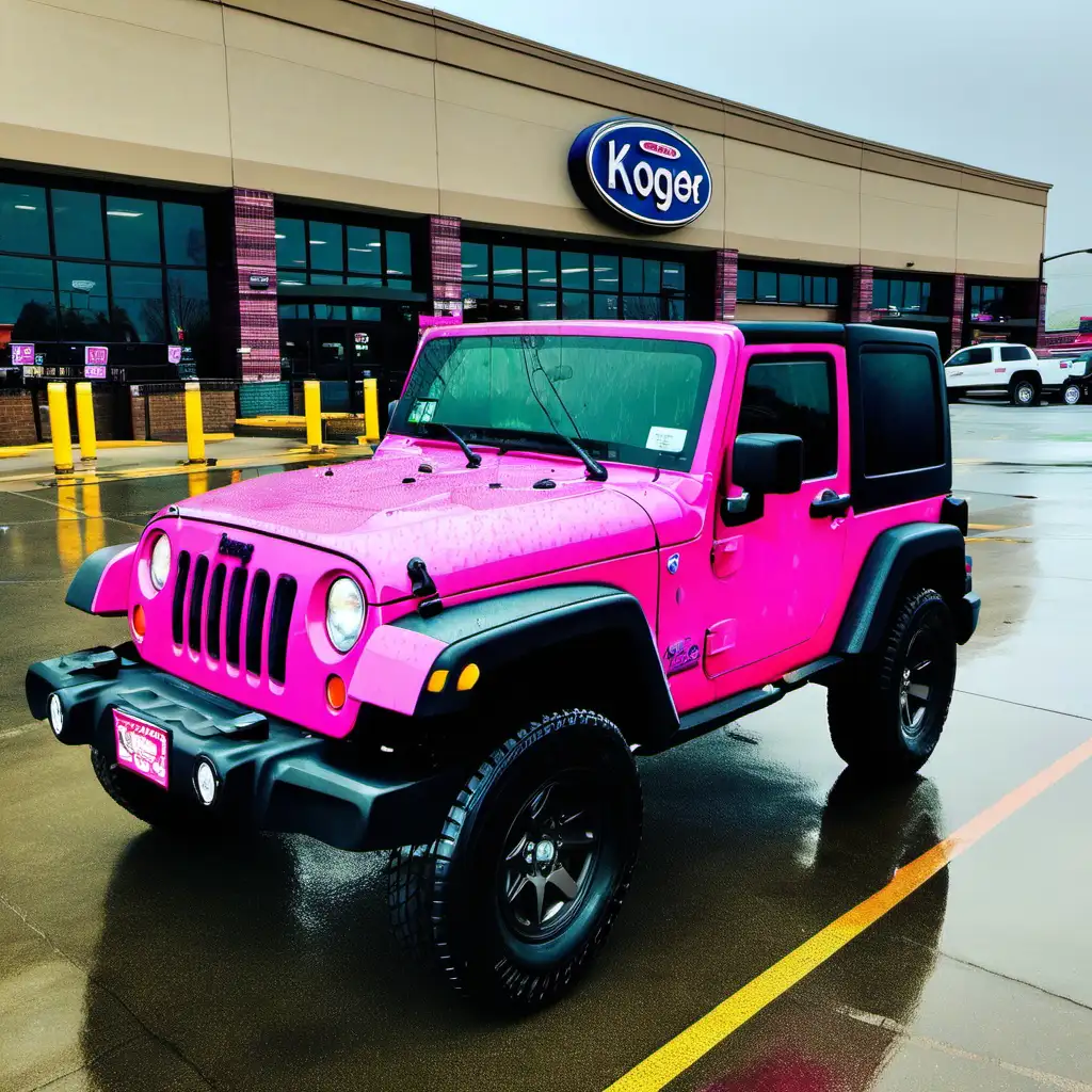 Pink Jeep Parked Outside Kroger on Rainy Ohio Day