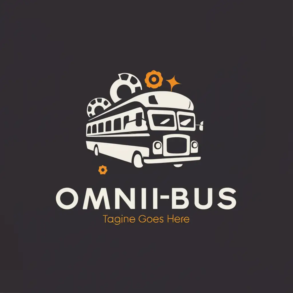 a logo design,with the text "Omnibus", main symbol:Bus with a film reel as the wheel, the logo name is incorporated in the logo.,Moderate,be used in Entertainment industry,clear background