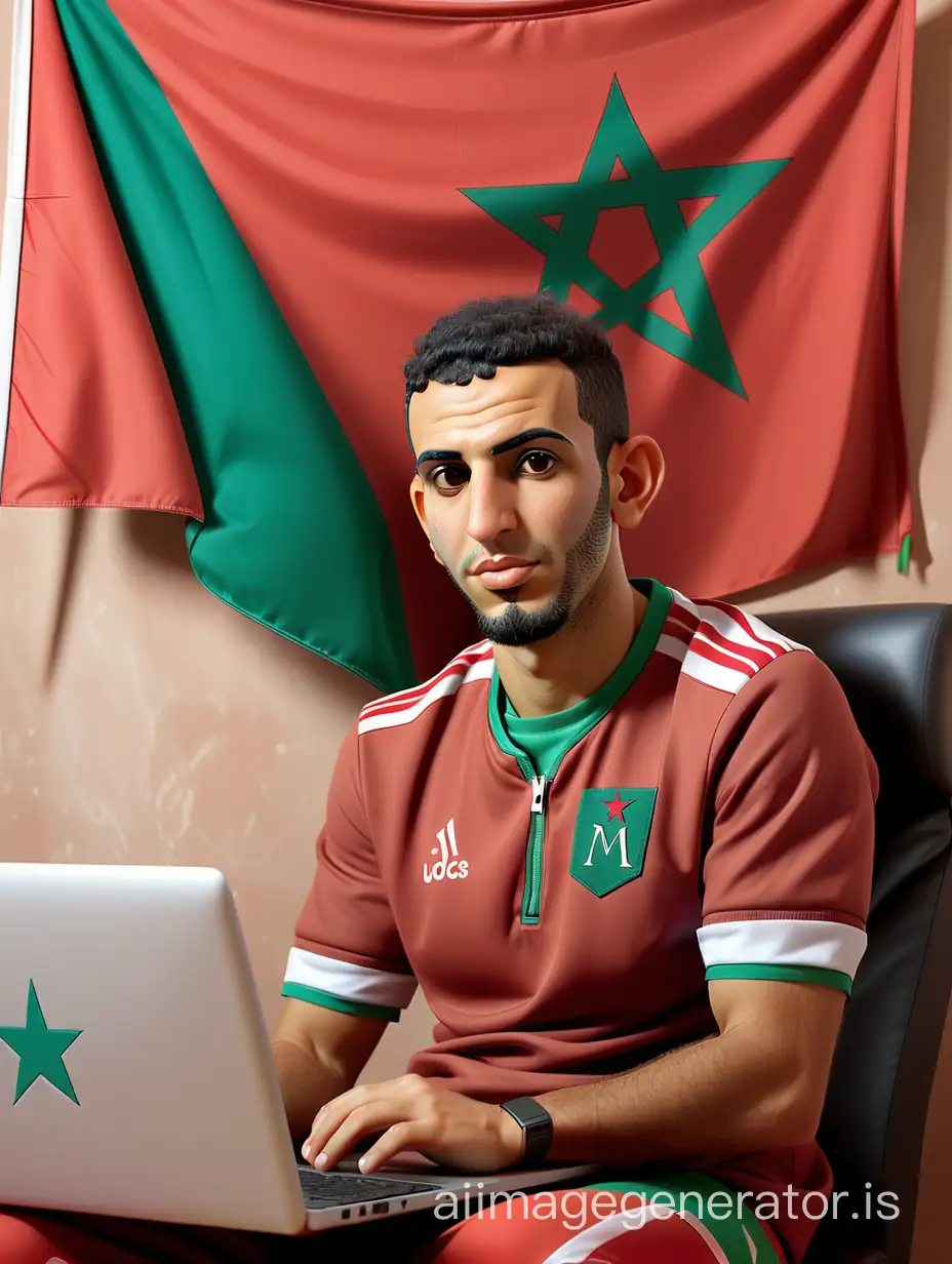A YOUNG MOROCCAN, 36 years old, ON a chair, BEHIND HIM THE Moroccan flag, on his lap a DELL laptop, and to his right a Facebook portal containing his photo, wearing the Morocco national team outfit