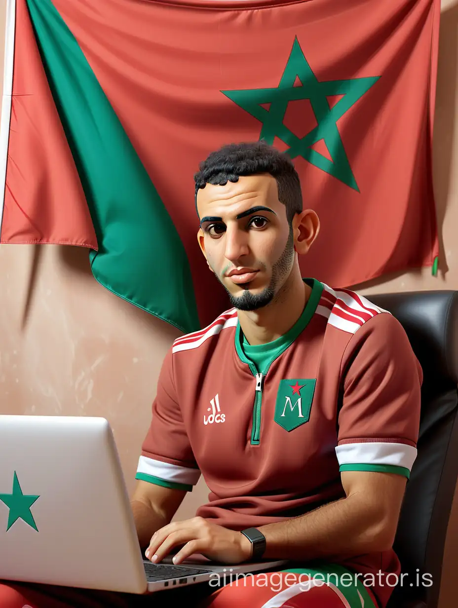 UN JEUNE MAROCAIN  de 36 ans SUR une chaise, DERIERE LUI LE DRAPeau du maroc , sur ses jenoux un ordinateur portable de marque DELL et a sa droite un portail de facebook qui contient sa photo , avec une tenue de l'équipe du maroc 
