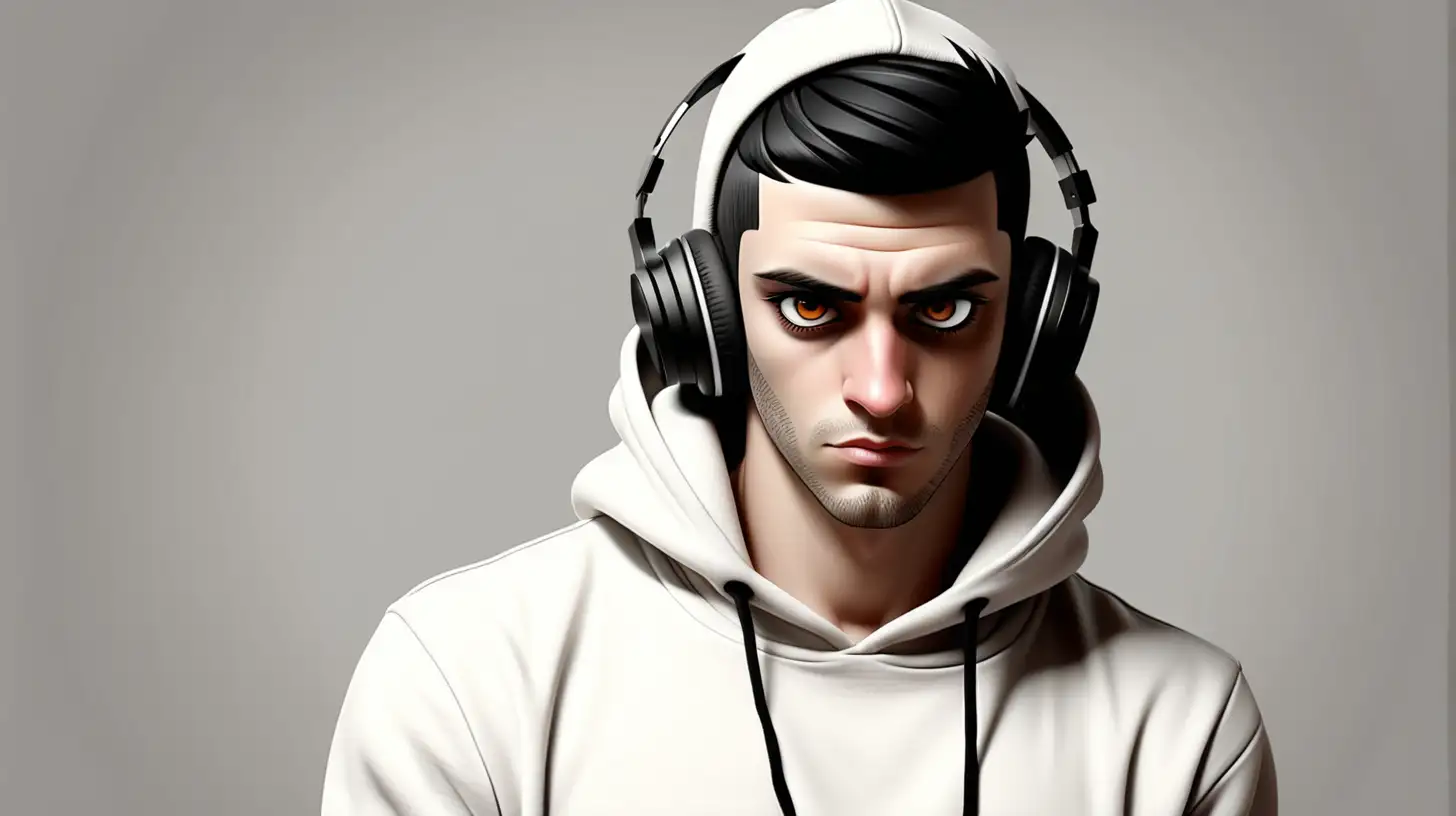 WHITE MALE DJ PRODUCER NAME IS JAK ALF WOULD LIKE HIM WEARING HEADPHONES AND A HOODIE BROWN EYES AND BLACK HAIR 