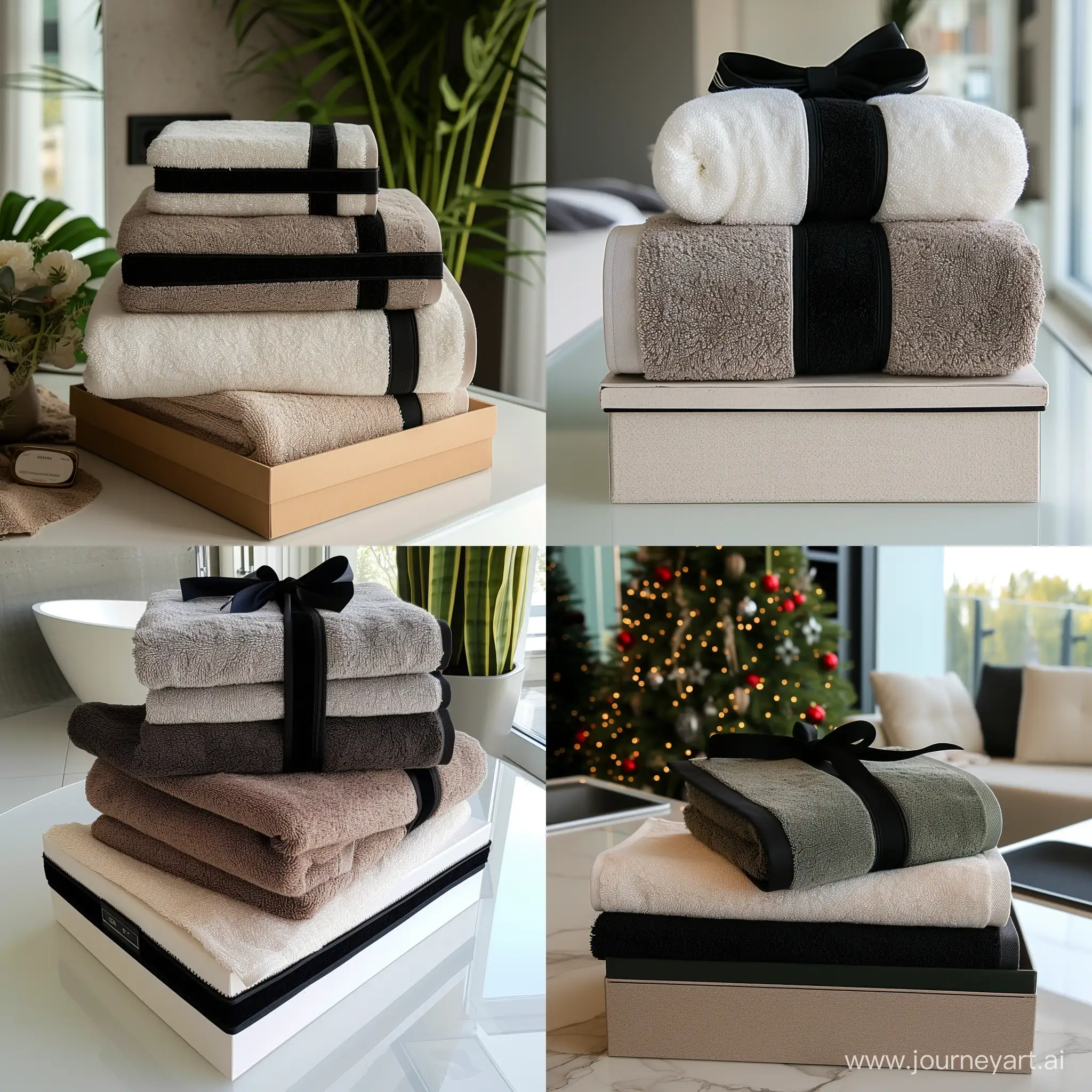 Покажи доднотонные банные полотенца самых популярных цветов с черными краями по всему периметру в красивой подарочной упаковке в стильной светлой дизайнерской квартире