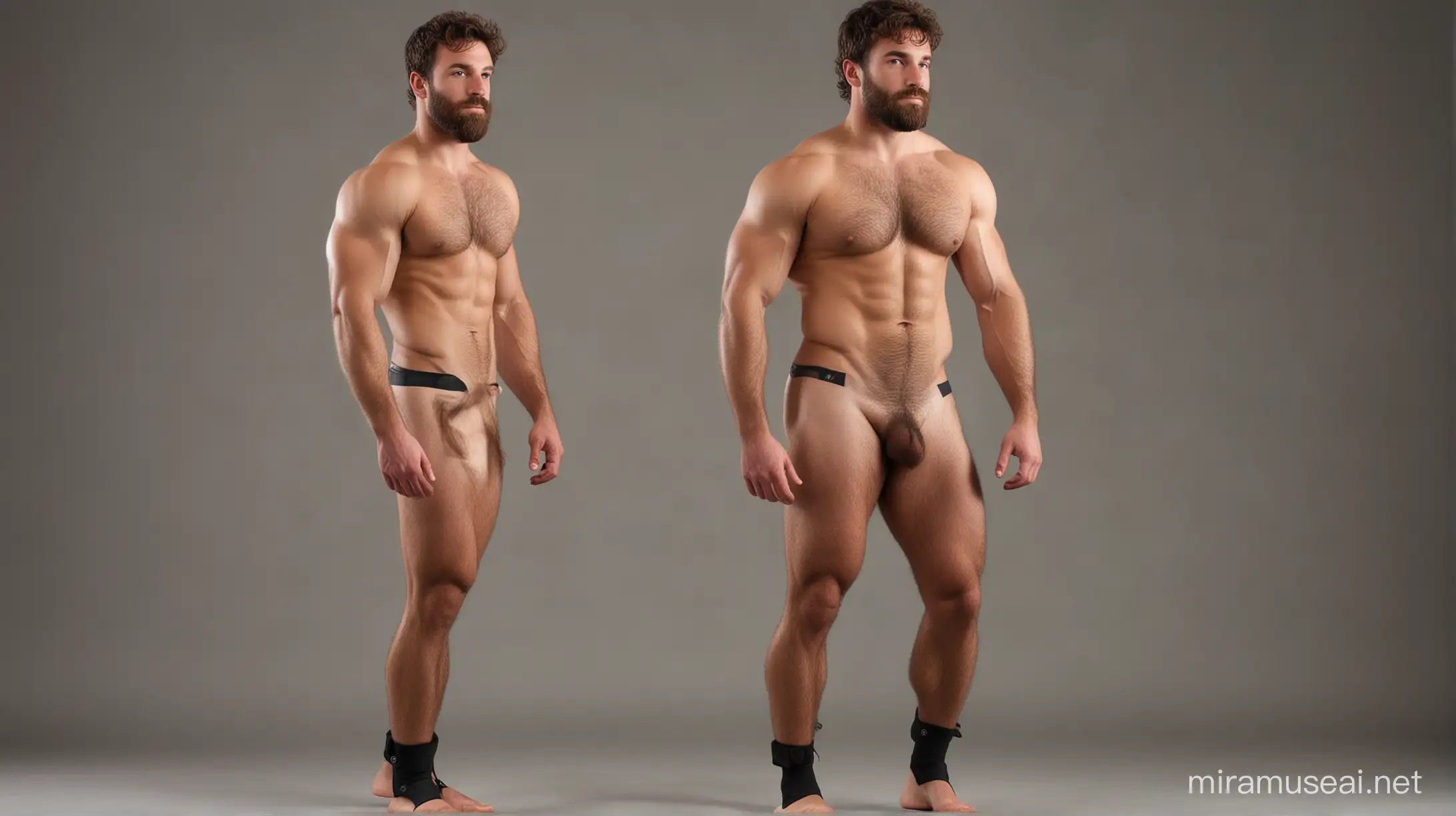 full length turn around portrait of a nude beefy muscled athletic hairy french rugby player, 24 yo man, lots of body hair, dark cestnut, extremely hairy asscrack, extremely hairy buttocks, wearing sandals. front view, side view, back view