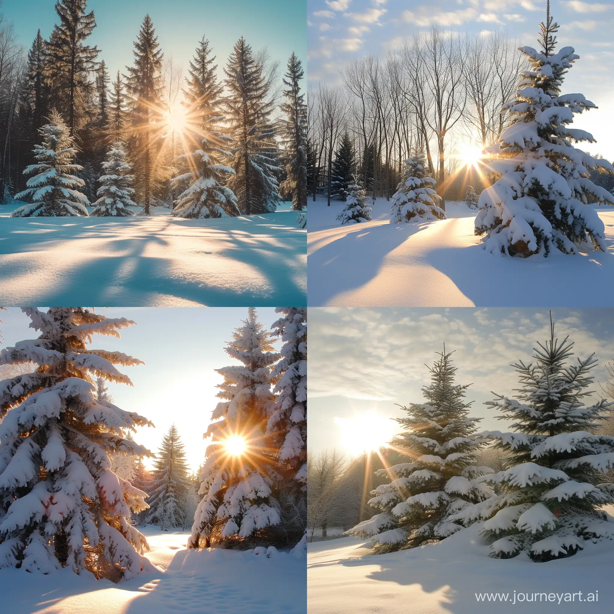  Рождество, солнце, зима, деревья в снегу