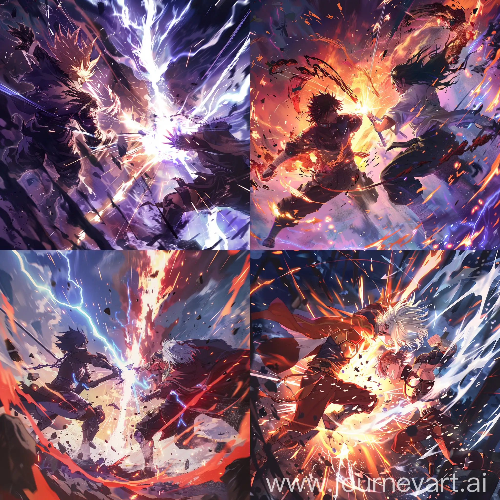 Design  an  intense  anime  art  piece  capturing  a  climactic  battle  between  two  powerful  characters,  with  dynamic  poses  and  impactful  special  effects