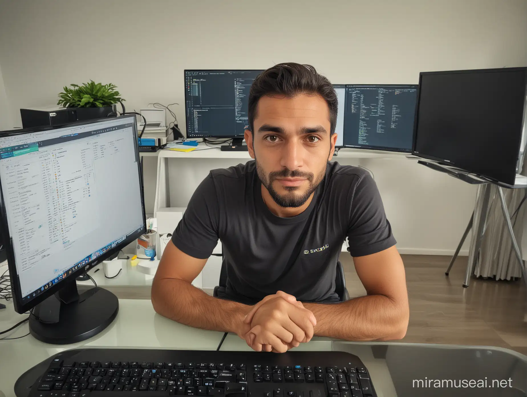 Brazilian Man Creating PowerBI Dashboard in Office Environment