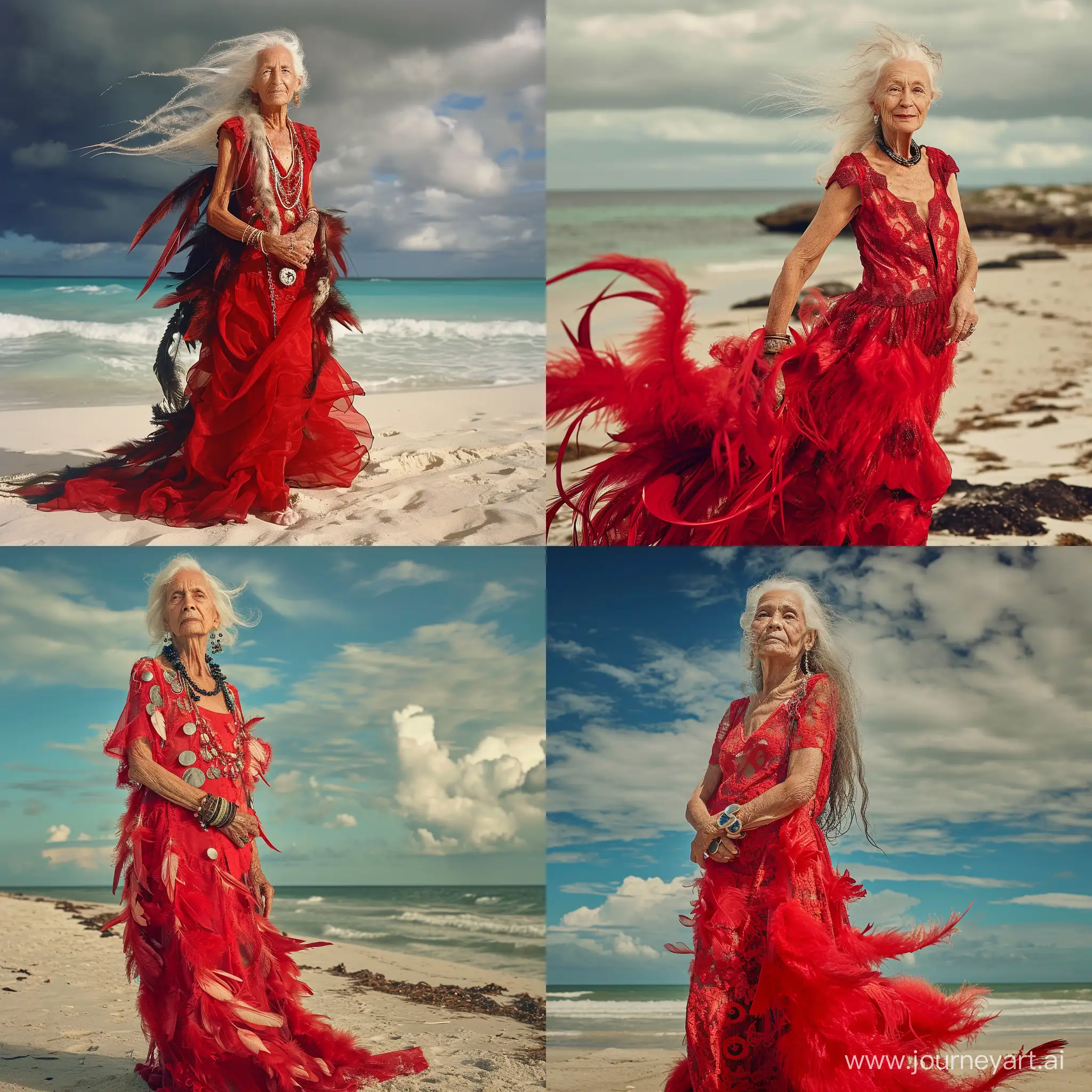 old hippie women standing on the beach with a red dress with  feders