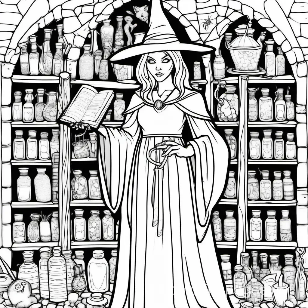Witch-Agora-Phobia-Welcomes-You-Coloring-Page-with-Potion-Bottles-and-Spellbooks