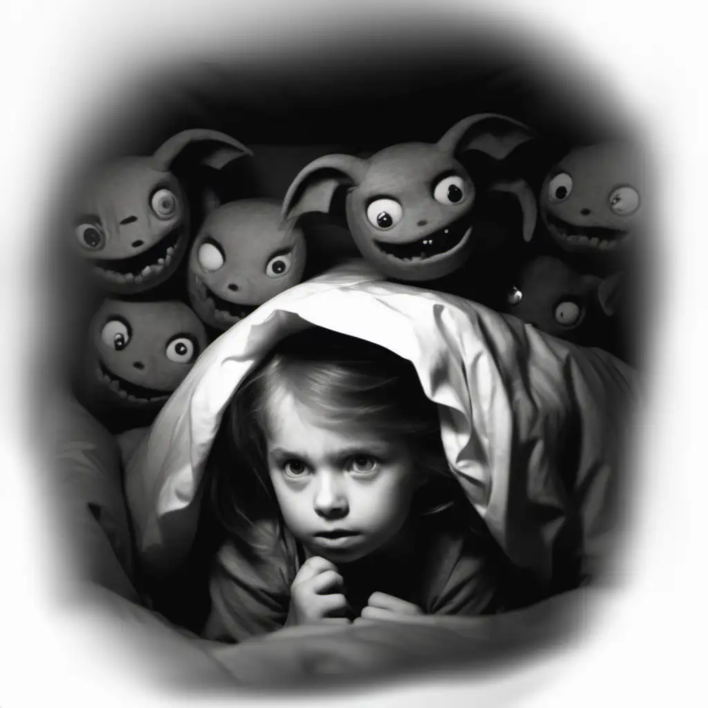 Fearful Girl Seeking Refuge Under Duvet from Demons