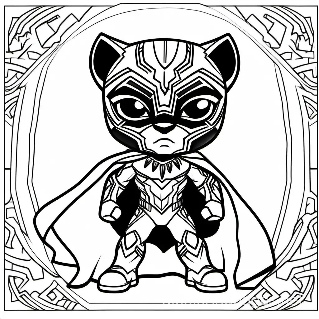 black panther superhero cute kid, Coloring Page, black and white, line art, white background, Simplicity, Ample White Space. The background of the coloring page is plain white to make it easy for young children to color within the lines. The outlines of all the subjects are easy to distinguish, making it simple for kids to color without too much difficulty