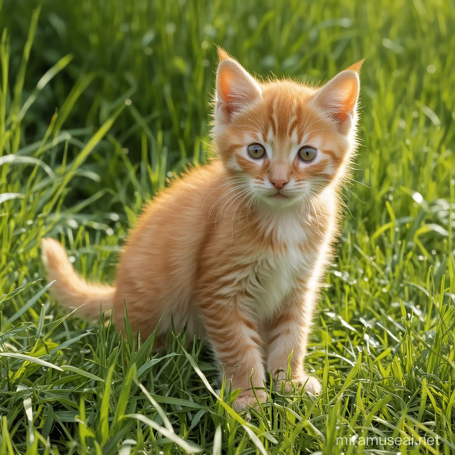 Adorable Orange Kitten Playing in Lush Green Grass