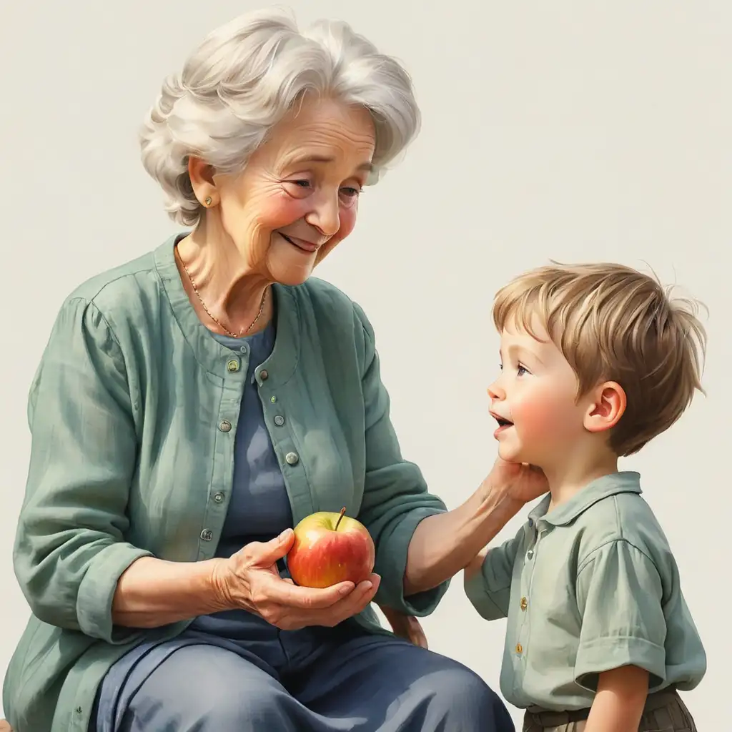 "Jednoduchá ilustrace zobrazující malého chlapce, který dává babičce jablko. , akvarel realistická ilustrace, bílé pozadí