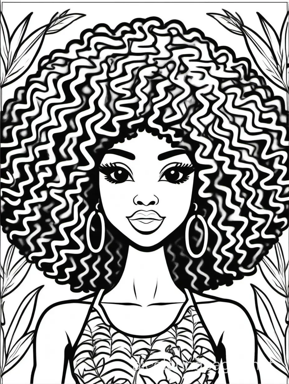black barbie with afro that is made with marijuana leaves, Coloring Page, black and white, line art, white background, Simplicity, Ample White Space. The background of the coloring page is plain white to make it easy for young children to color within the lines. The outlines of all the subjects are easy to distinguish, making it simple for kids to color without too much difficulty