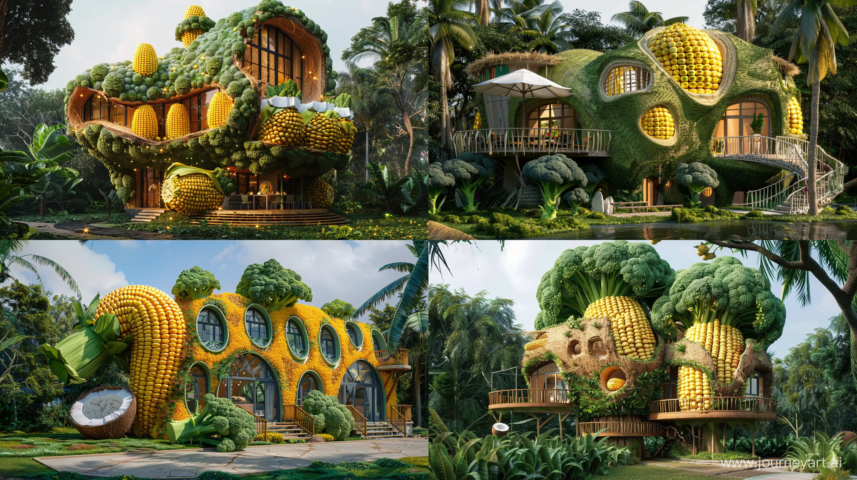 luxury house in the shape of corn and coconut ad broccoli, in the galaxy, aesthetic, fantasy style, realistic --ar 16:9