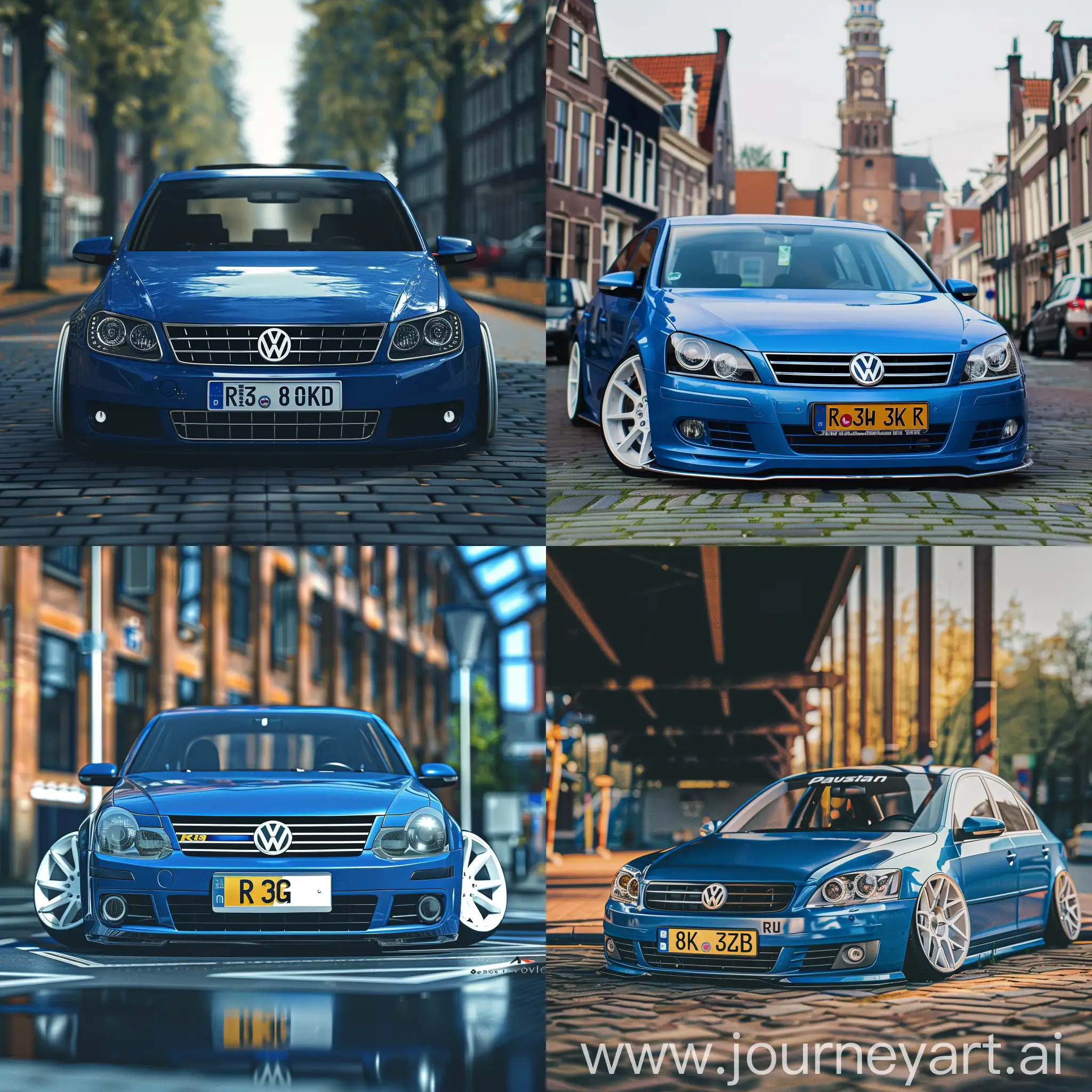 A realistic Instagram filter style 8k Volkswagen Passat 2011 r36 in blue met witte velgen orgineel style R36 in Nederland kenteken Nederland 