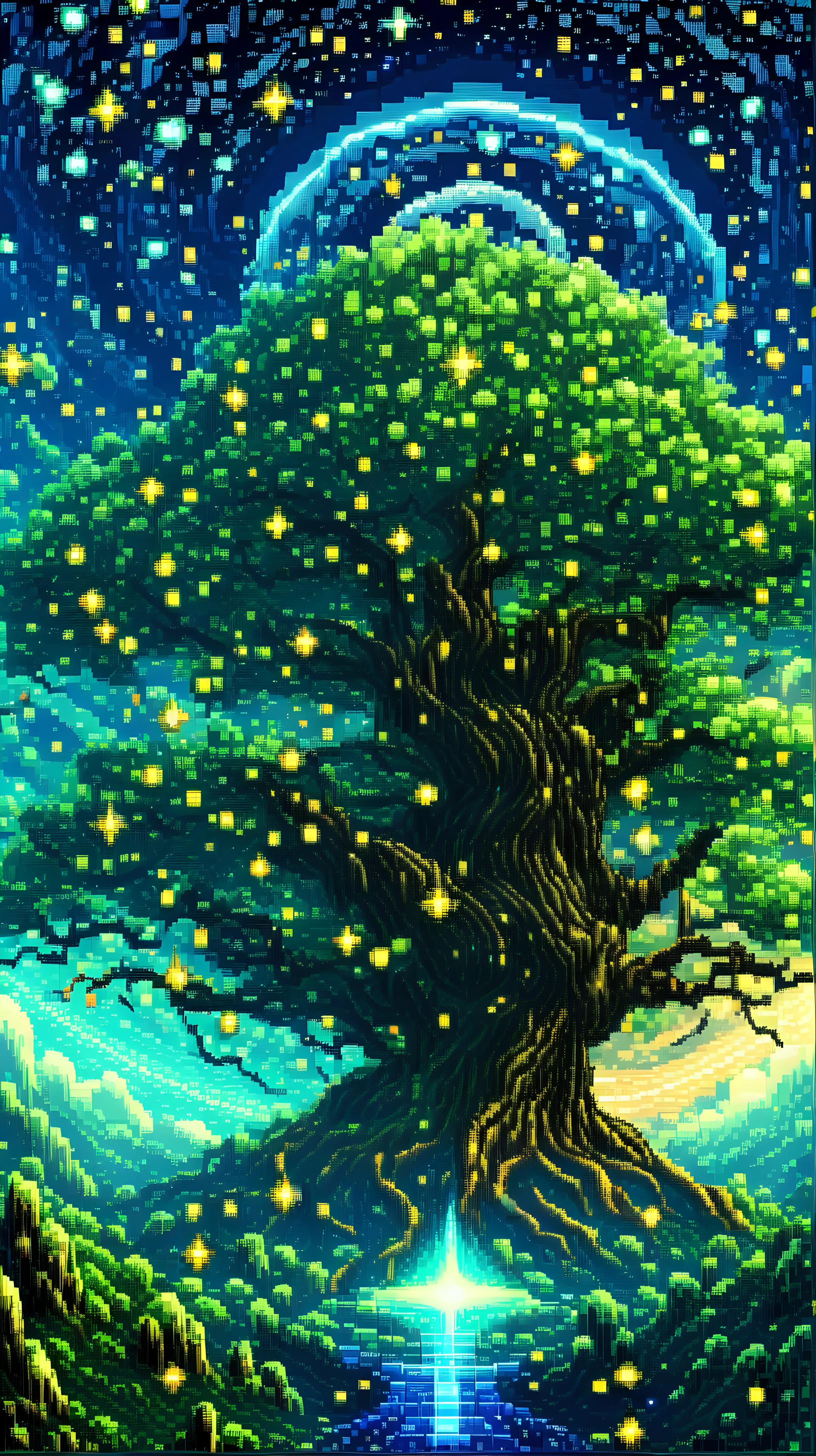 pixel art, bright painting of a tree with stars in the sky, in the style of dreamlike fantasy creatures, multilayered dimensions, swirling vortexes, realistic color schemes, dark green and light blue, light-filled landscapes, mystic mechanisms --ar 71:128 --stylize 750 --v 6