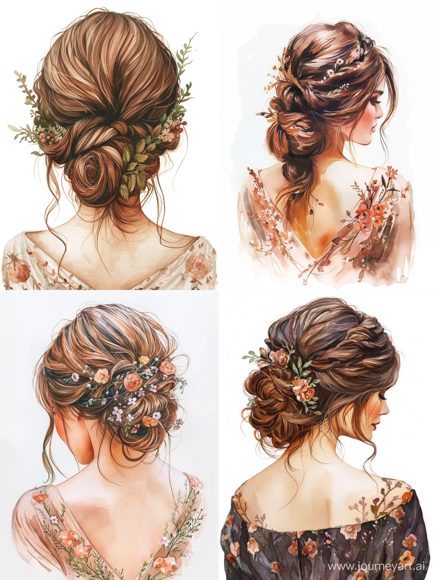 Watercolor-Portrait-of-Lady-with-Beautiful-Floral-Hairstyle-and-Tan-Skin