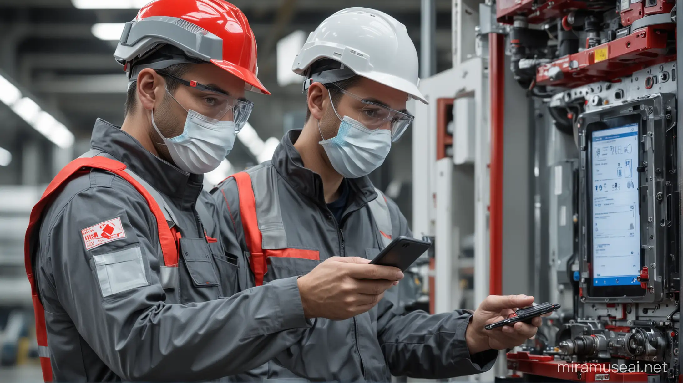 An engineer inspector in a gray uniform with red details, a white mask, a red helmet and an acrylic shield holding a smartphone on his right hand and looking at it. He is very close to a big machine inspecting it with his phone. There should be metal items and the picture must have shades of gray, white, shades of red and some blue details.