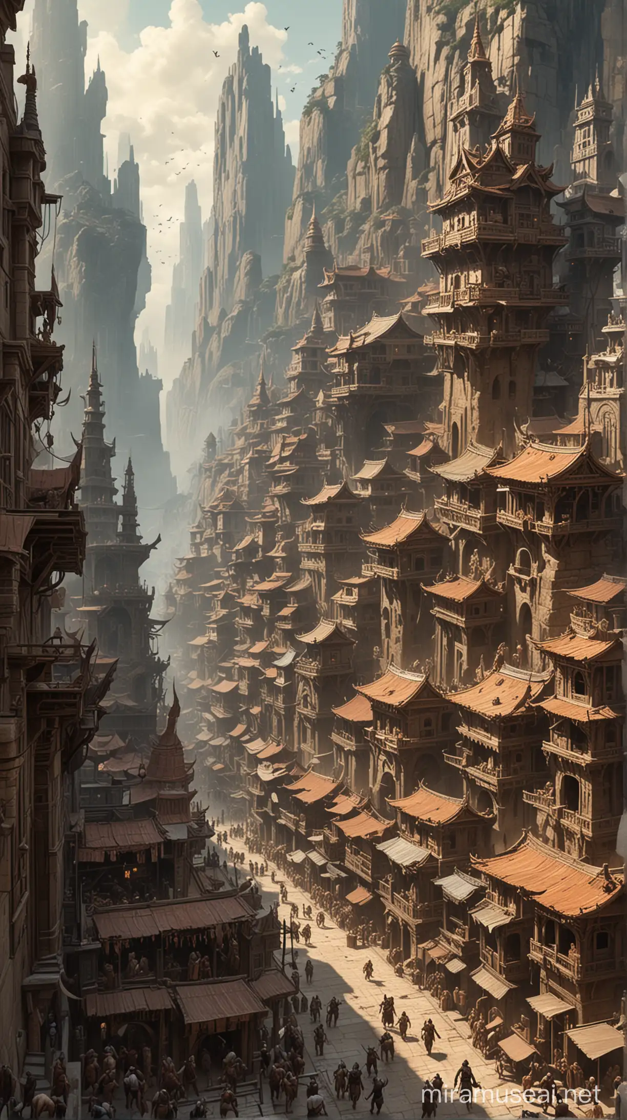 a bustling fantasy city of minotaurs
