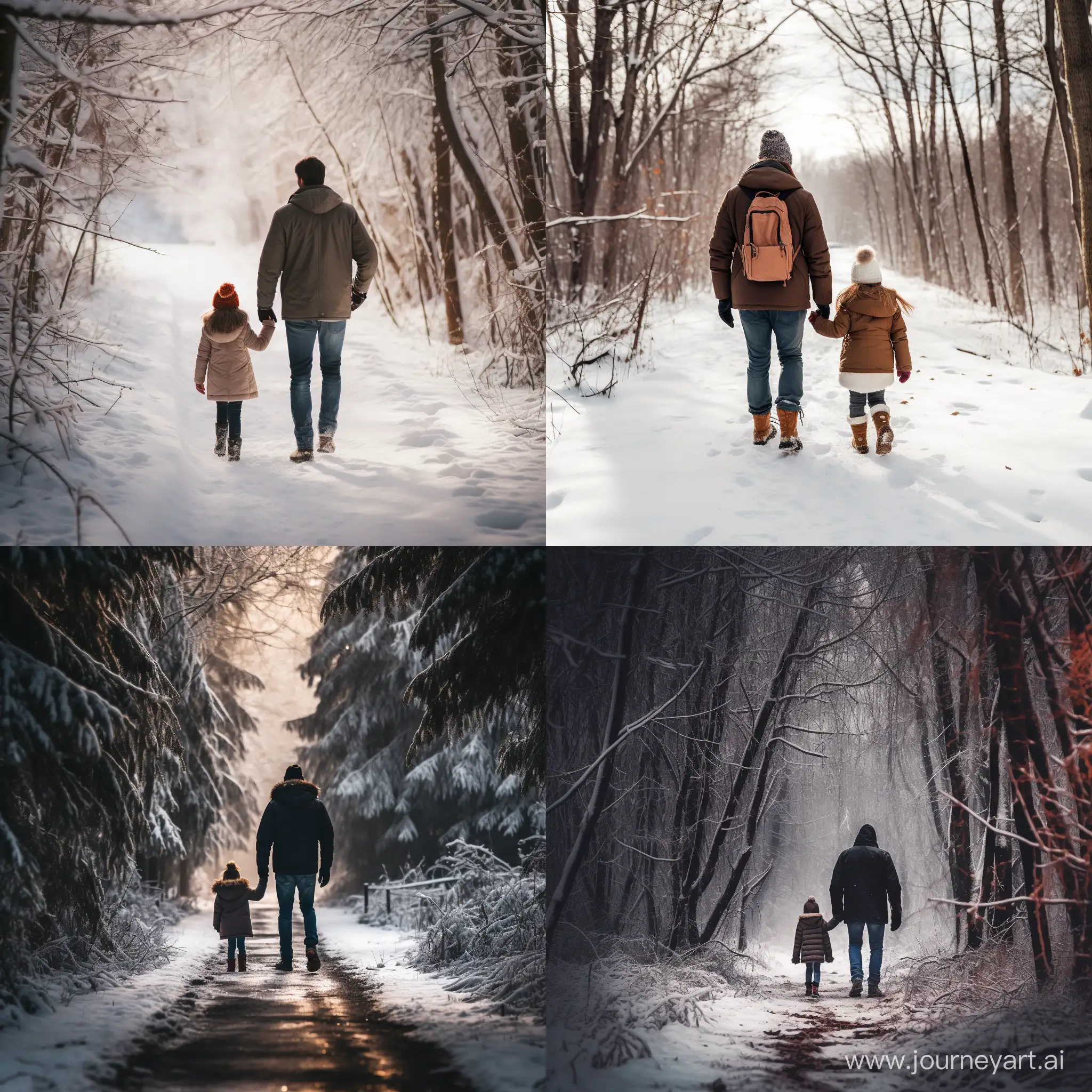 папа и дочь в зимнем лесу уходят в даль