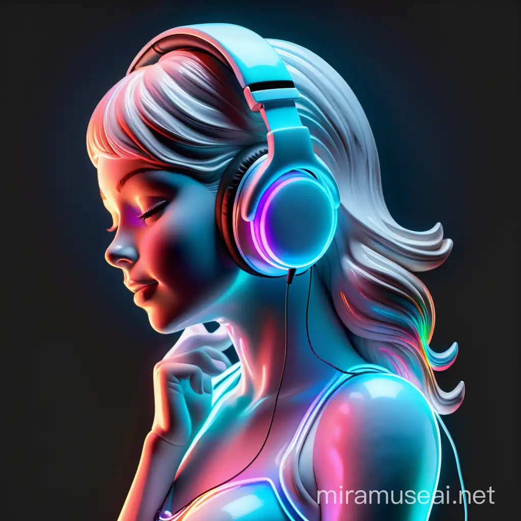 Produce a white shiny iridescent neon colored porcelain figure of a beautiful curvy feminine woman
Strong expression dynamic
She is wearing headphones listening happy to music 
portrait
Black background