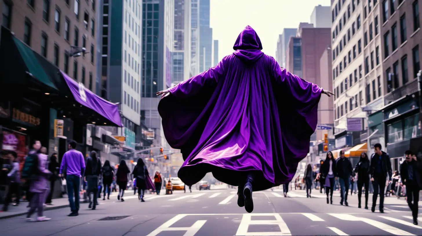 a person in a purple cloak levitates above a busy city sidewalk