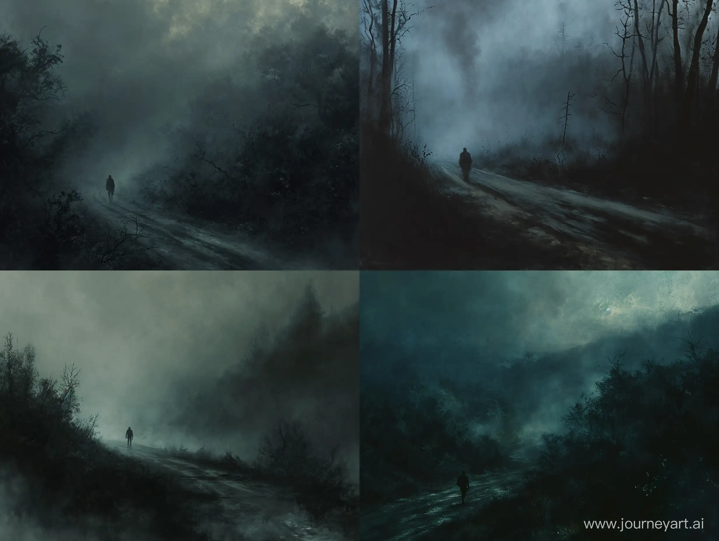 The realistic painting depicts a man walking along a dark road into a dark forest. There is fog all around him, and very little vegetation. All the shades in the painting are dark. The image has a 3:2 aspect ratio, and the man is closer to the viewer in it.
