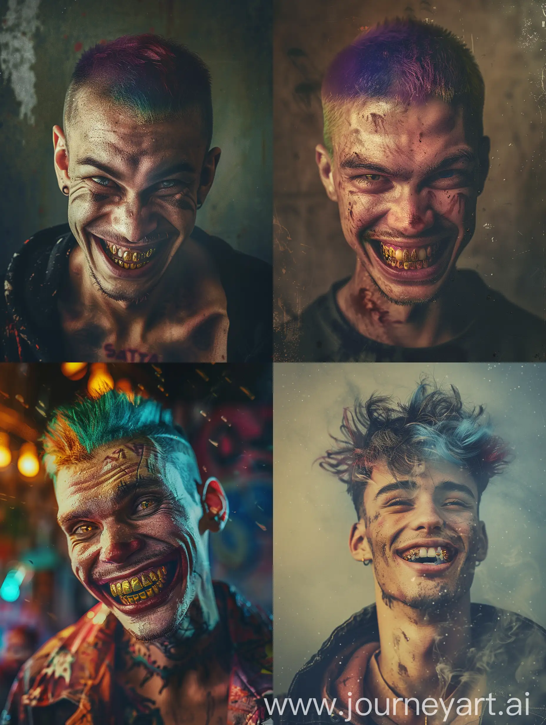 made a realistic photo high quality texture of a man with colored short hair with a face comic and happy alternative style gold teeth smiling drama film lut camera hazer blur