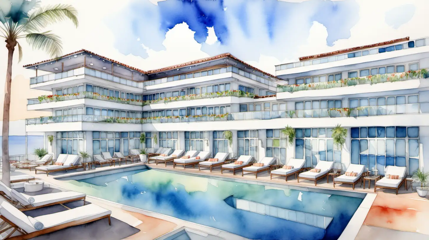 watercolor, hotel, four floors with a pool, sky bar, and elegant patio