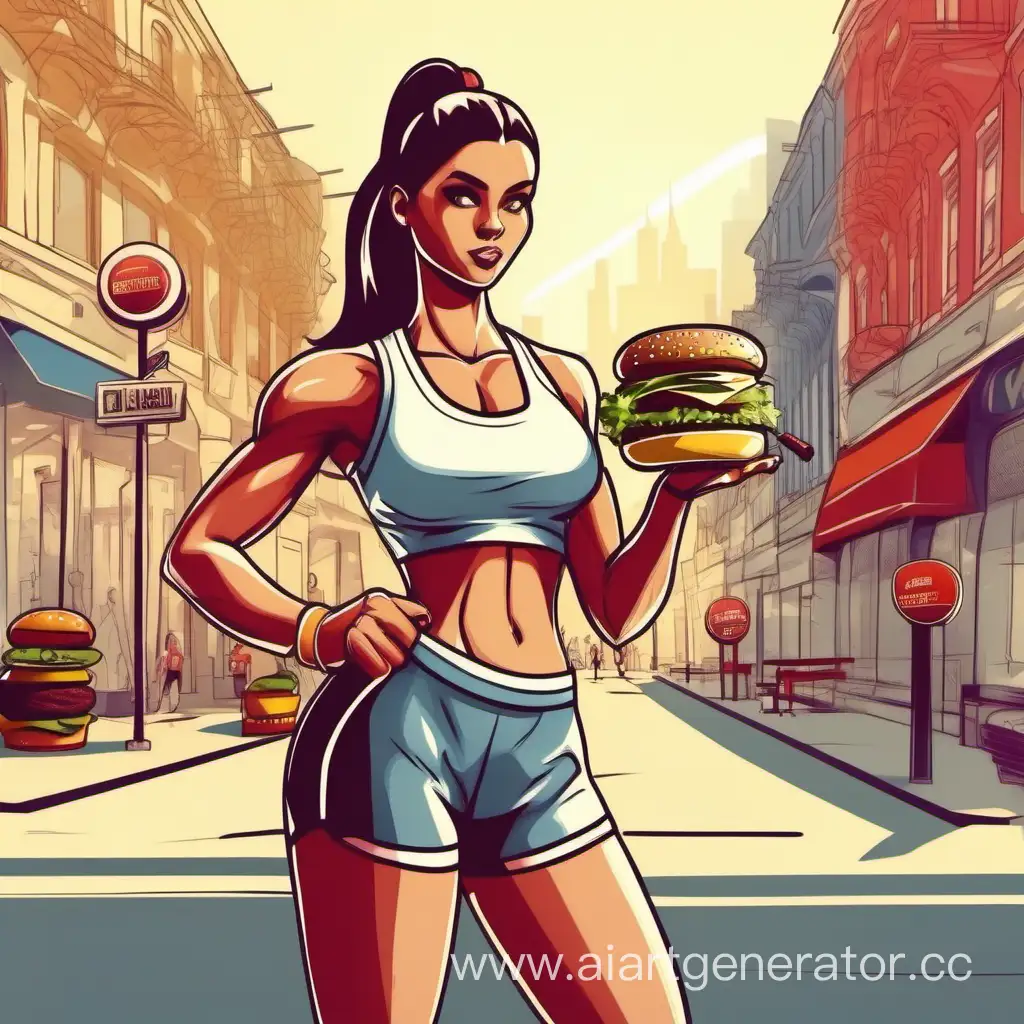 Active-Lifestyle-in-Urban-Paradise-Fit-Girl-Balancing-Dumbbell-and-Burger