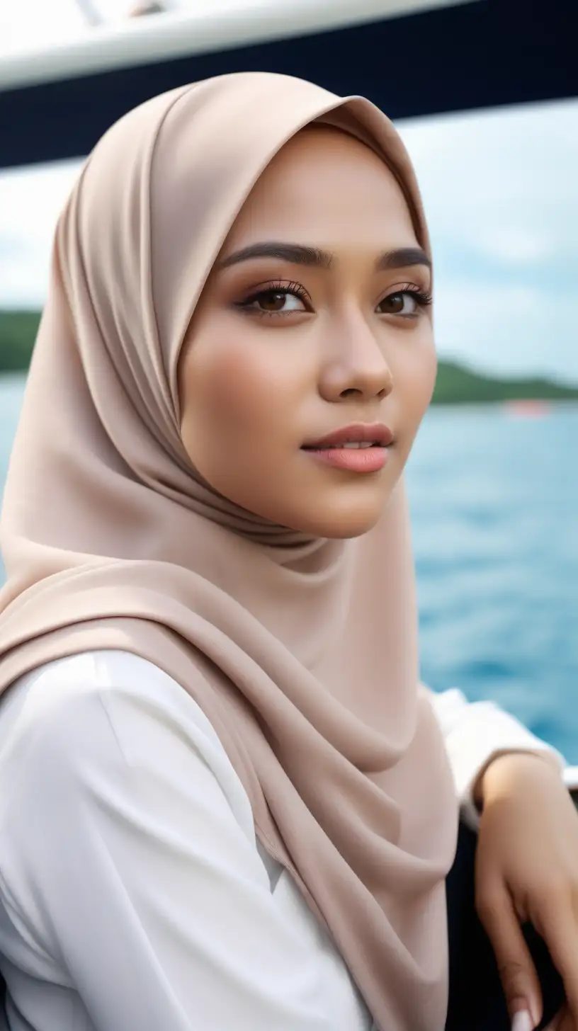 Photoshoot of malay woman with natural makeup wearing hijab, sitting in cruise  ultra-realistic --ar 3:2 --style raw --v 6.0