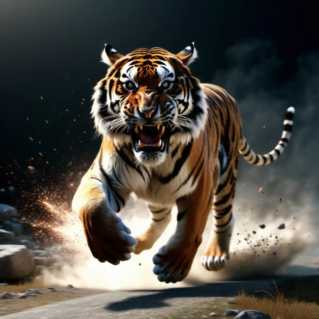 Photo realistic of himalayan tiger running, particle explosion, majestic, high fidelity, 8K, HD