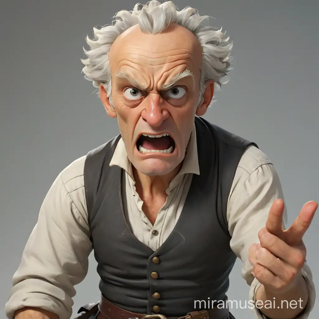 The writer Arthur Schopenhauer is very angry and points with his hand at a group of Germans in national costumes. We see him full-length, with arms and legs. He looks like an old man, thin, small in stature, he has gray hair sticking out to two sides, the rest of his head is bald. He has a small pointed nose, thin lips, and a wide mouth. Very high forehead, lowered eyebrows and a sad look. In 3d animation style, realism.