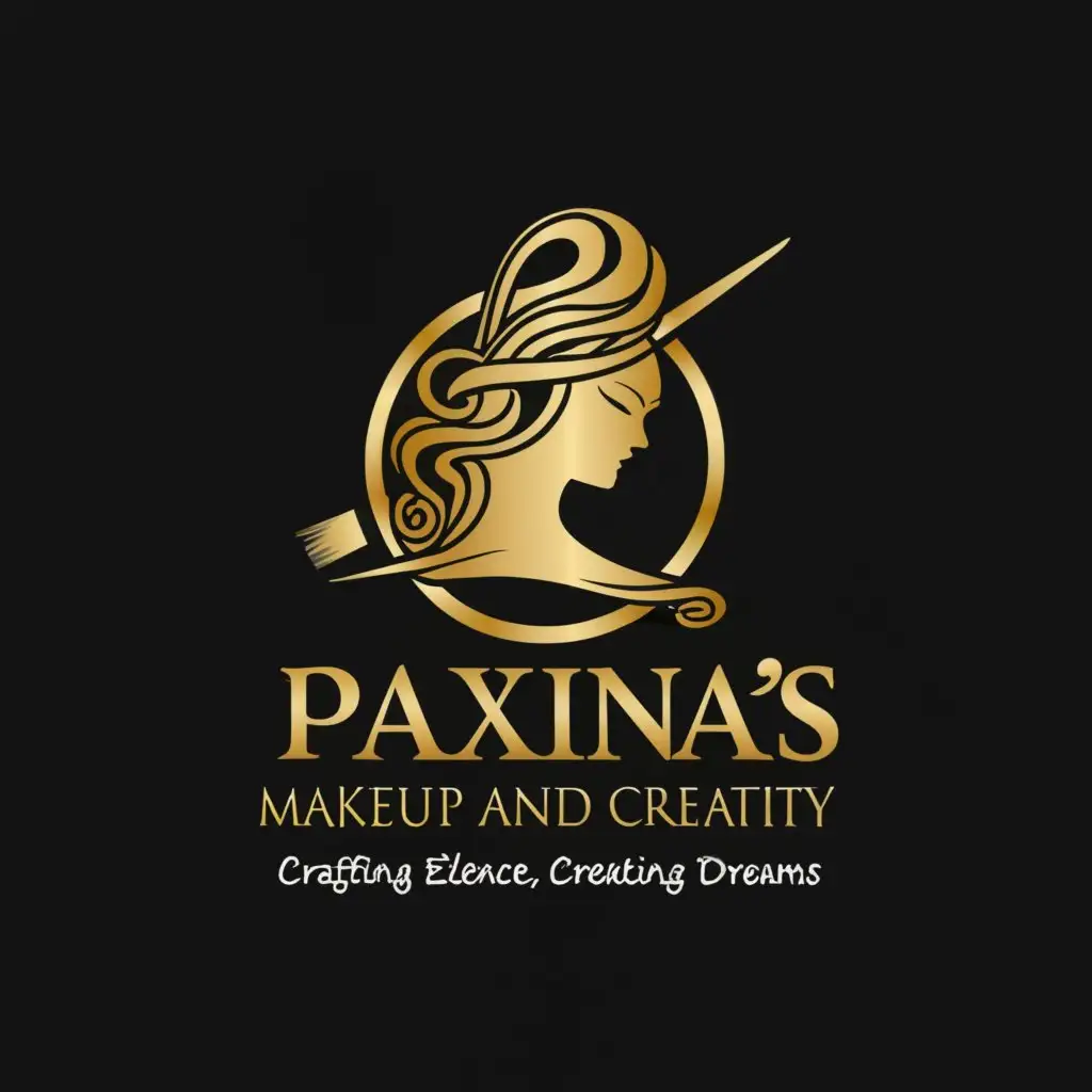 a logo design,with the text "Paxina's Makeup And Creativity
Crafting Elegance, Creating Dreams", main symbol:Beautiful Lady in gold color, black background,Moderate,be used in Beauty Spa industry,clear background