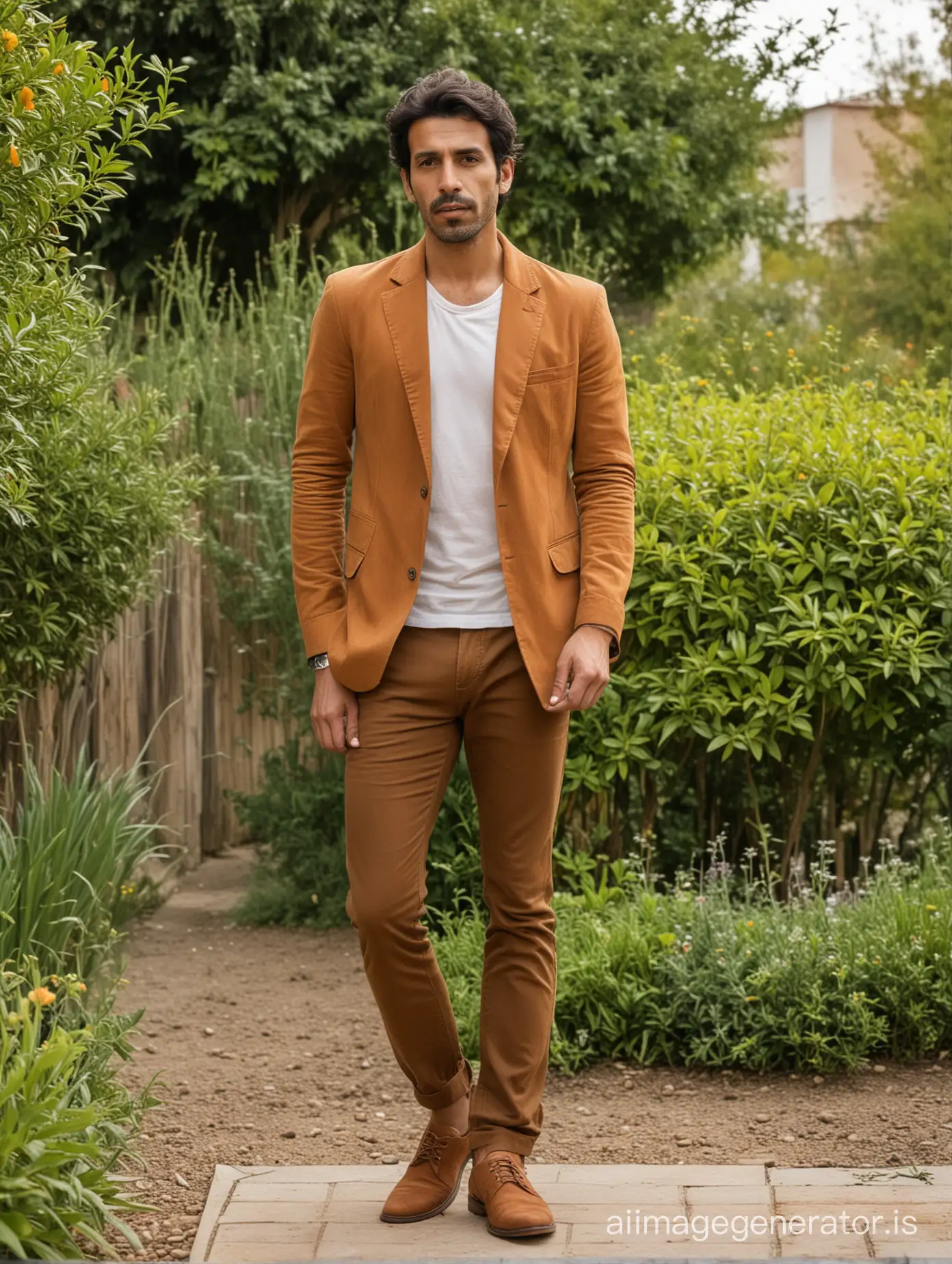 iranian skinny man 40 years old, smoking, wearing brown blazer, orange shirt, brown pants, brown shoes, black hair, standing in a garden ,full body shot