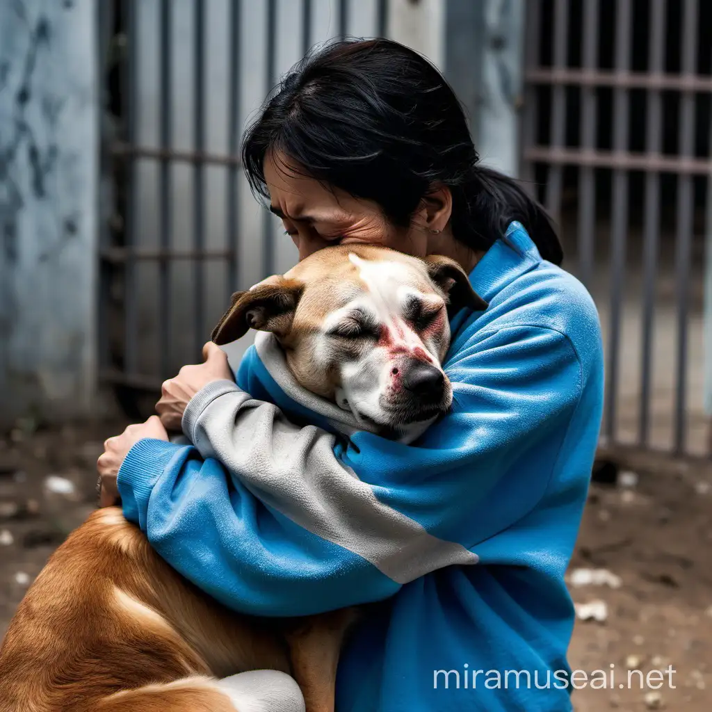 emotional woman hugging a dog she had just rescued after being abandoned, there were no people in the place and she was crying, emotional because nothing had happened to him