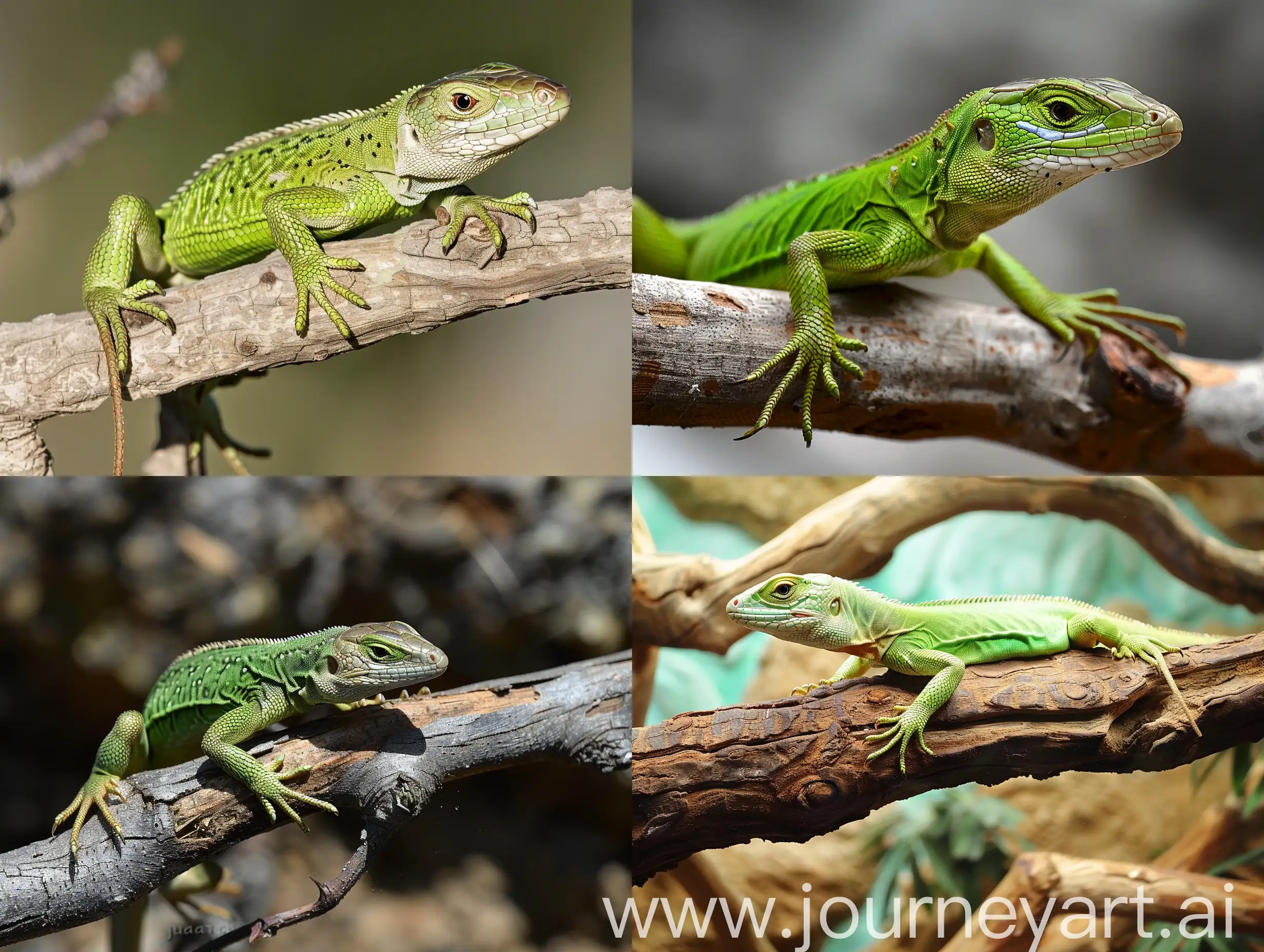 Green lizard on branch, green lizard sunbathing on branch, green lizard climb on wood, Jubata lizard 