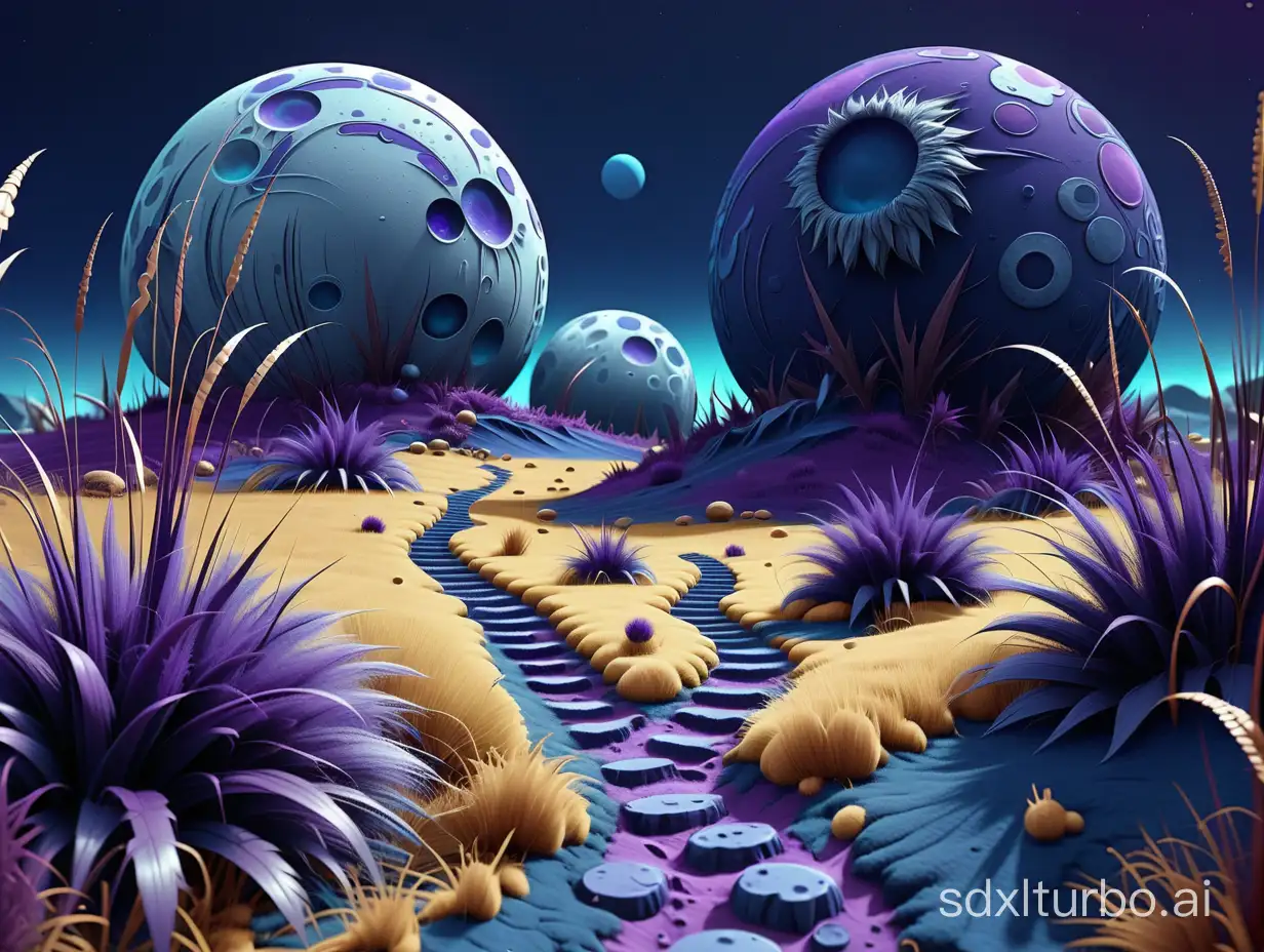 psychedelic mysterious landscape, giant moons, furry grass, dark blue purple monochrome, highly detailed, 3d, 4k