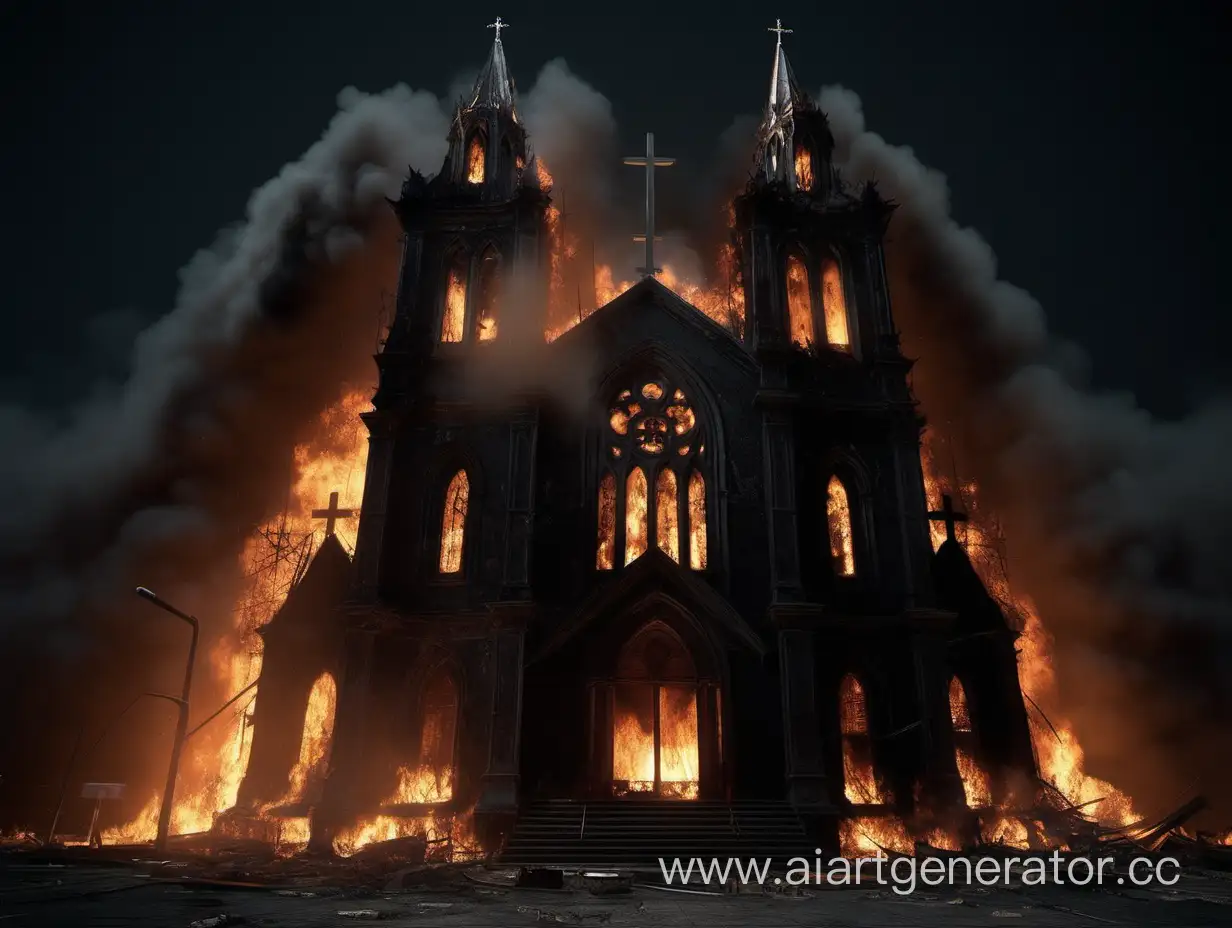 dilapidated dark church on fire in night, ultra-realistic, high detail
